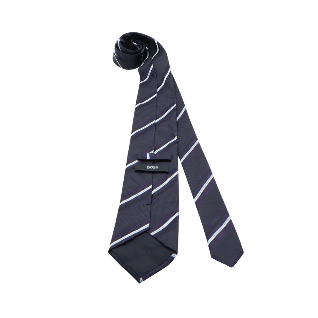 Hugo Boss Cravatta Nera e Viola a Righe in Seta Uomo