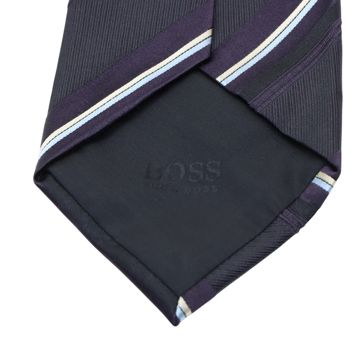 Hugo Boss Cravatta Nera e Viola a Righe in Seta Uomo