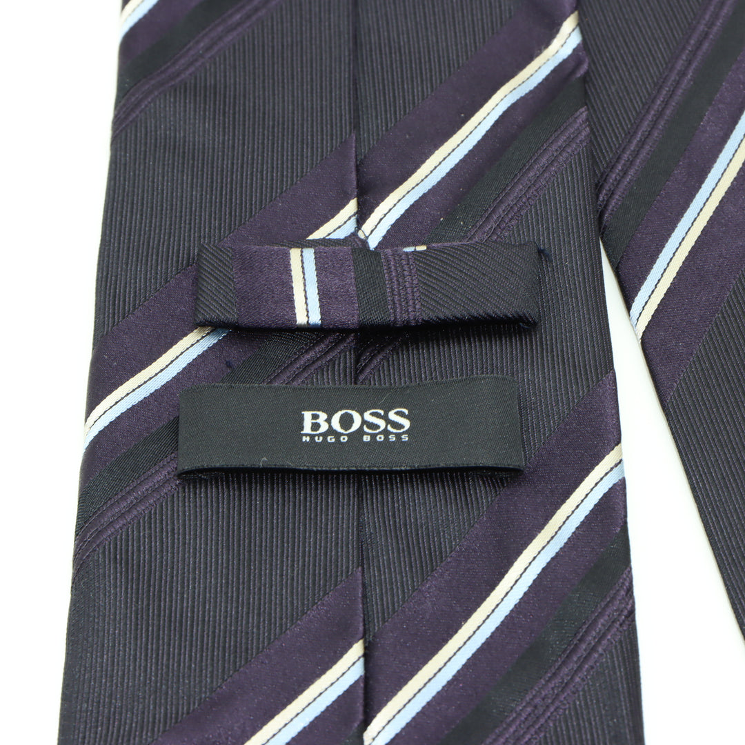 Hugo Boss Cravatta Nera e Viola a Righe in Seta Uomo