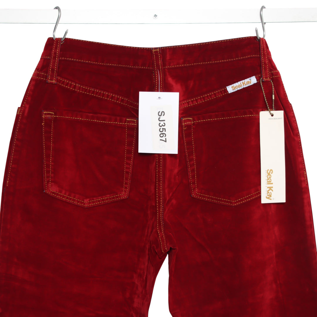Seal Kay bootcut pantalone rosso in velluto liscio W27 da donna deadstock w/tags