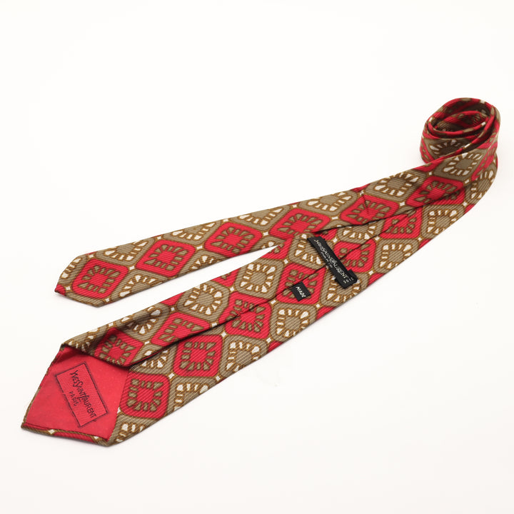 Yves Saint Laurent Paris Cravatta Uomo Vintage Rosso e Marrone 100% Seta