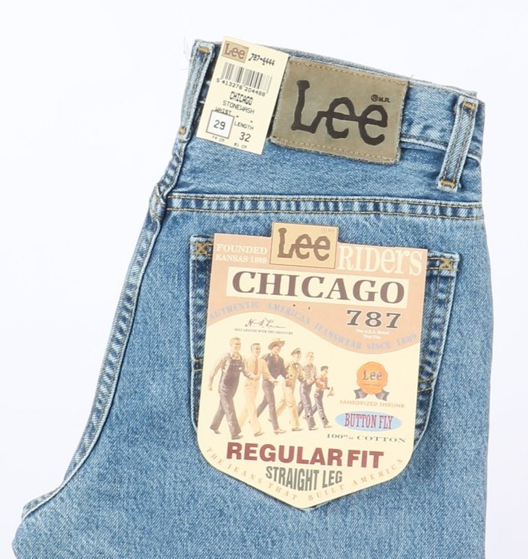 Lee Chicago Stonewash W29 L32 Denim Unisex Vita Alta Dead Stock w/Tags