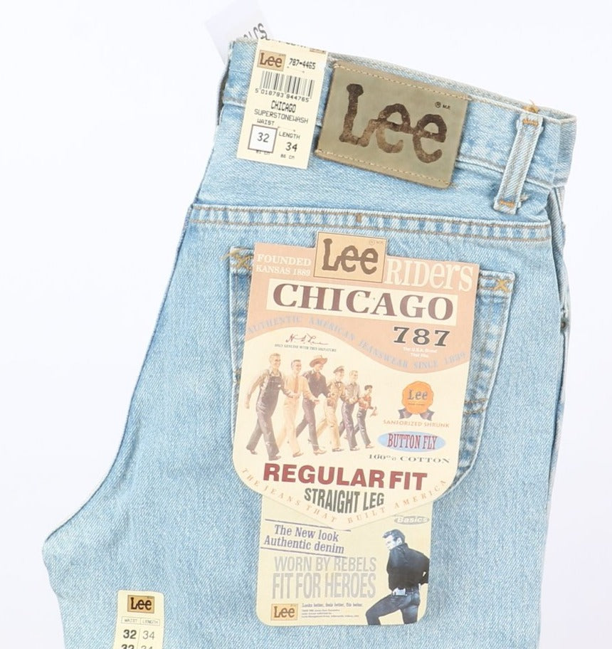 Lee Chicago Super Stone Wash W32 L34 Denim Unisex Vita Alta Dead Stock w/Tags