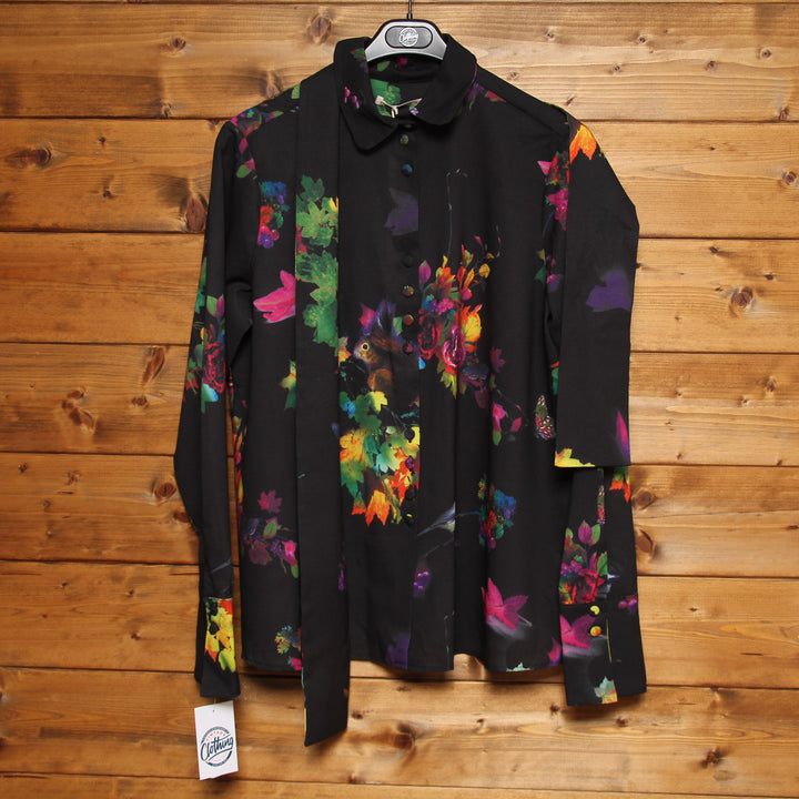 Tole Rance Camicia Nera con Fiori Taglia XL Donna Deadstock w/Tags