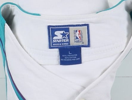 College Jacket da Basket Vintage Starter Charlotte Hornets Bianco e Azzurro Taglia L Uomo Made in Korea