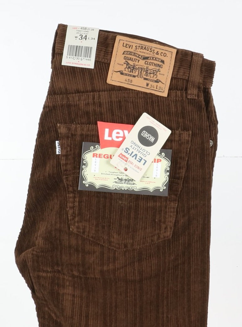 Levi's 458 Fancy Cord Jeans in Velluto W34 L34 Marrone Unisex Vita Alta Dead Stock W/Tags