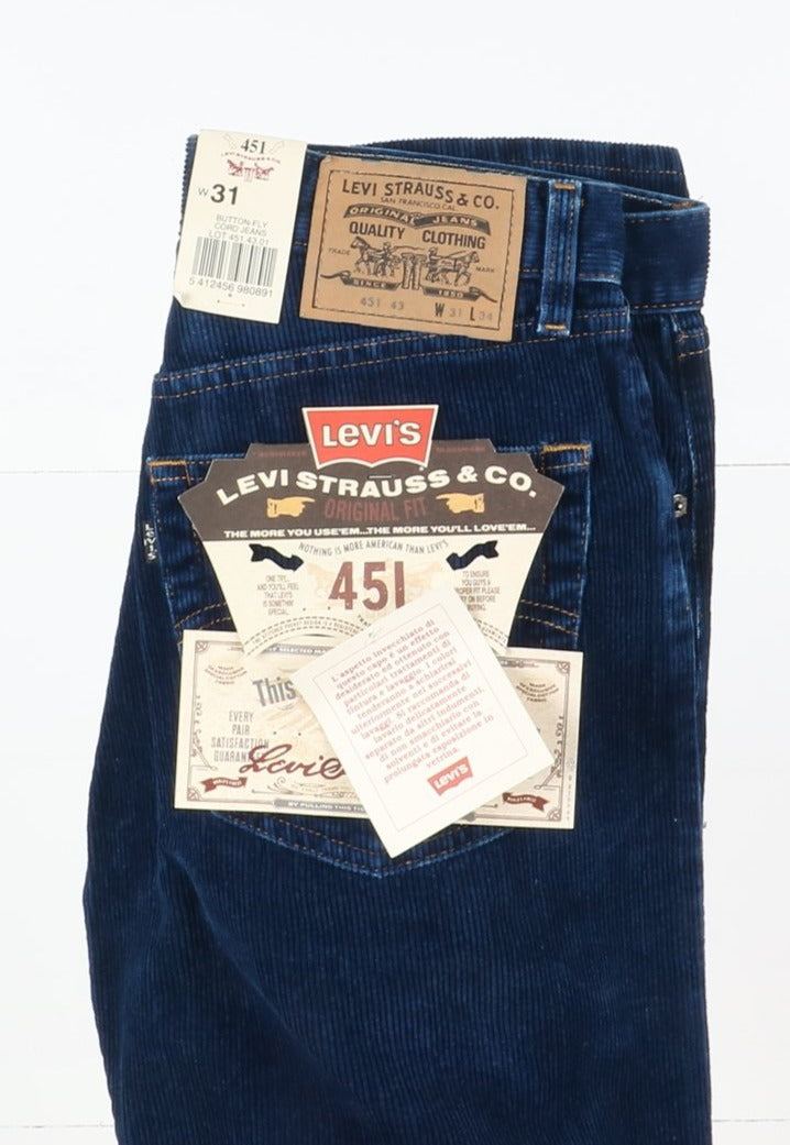 Levi's 451 Cord Jeans Jeans W31 L34 Blu in Velluto Unisex Vita Alta Dead Stock W/Tags