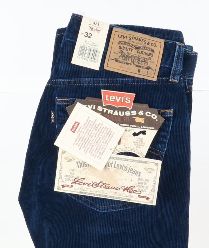 Levi's 451 Cord Jeans W32 L34 Blu in Velluto Unisex Vita Alta Dead Stock W/Tags