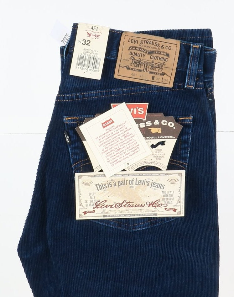 Levi's 451 Cord Jeans Original Fit Jeans W32 L34 Blu in Velluto Unisex Vita Alta Dead Stock W/Tags