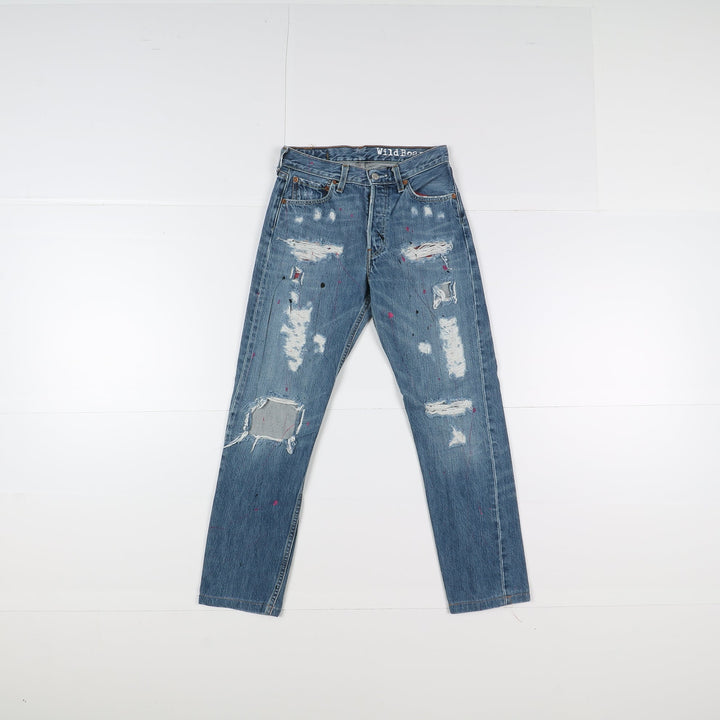 Levi's 501 Custom W28 Denim Strappato e Schizzi Unisex Vita Alta