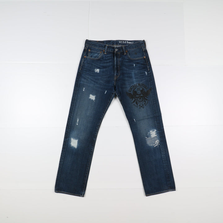 Levi's 501 Custom W33 L32 Denim Strappato e Stampa Teschio Unisex Vita Alta