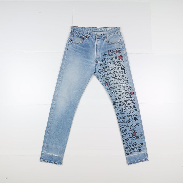 Levi's 501 Custom W33 L34 Denim Dipinto a Mano Unisex Vita Alta